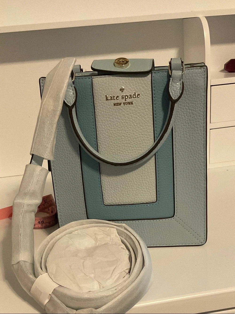 kate spade Light Blue & White Pebbled Leather Structured Mini Satchel
